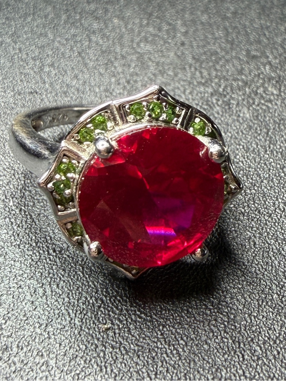 Sterling Silver Ring with Large Fuchsia and Green Accent Stones size 6